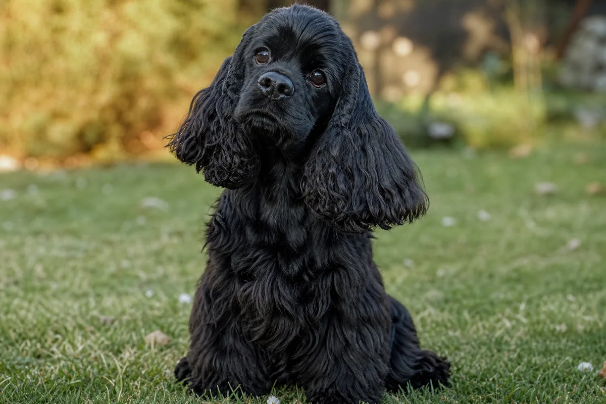 American Cocker Spaniel noir au poil soyeux, expression vive et attentive, assis en extérieur