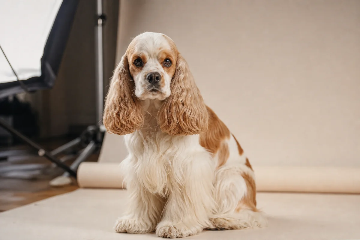 American Cocker Spaniel particolore roux et blanc lors d'une séance photo en studio professionnel