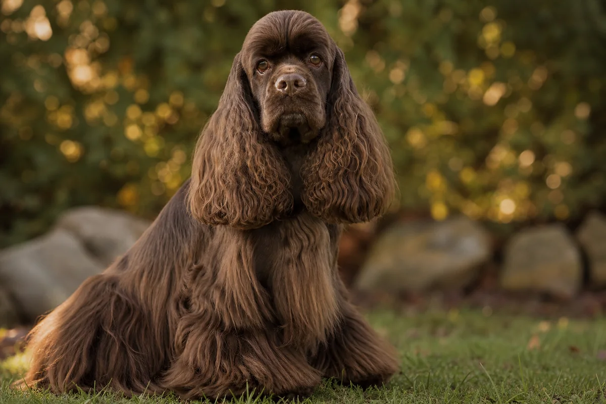 American Cocker Spaniel chocolat en pose assise digne à l'extérieur, lumière dorée nostalgique