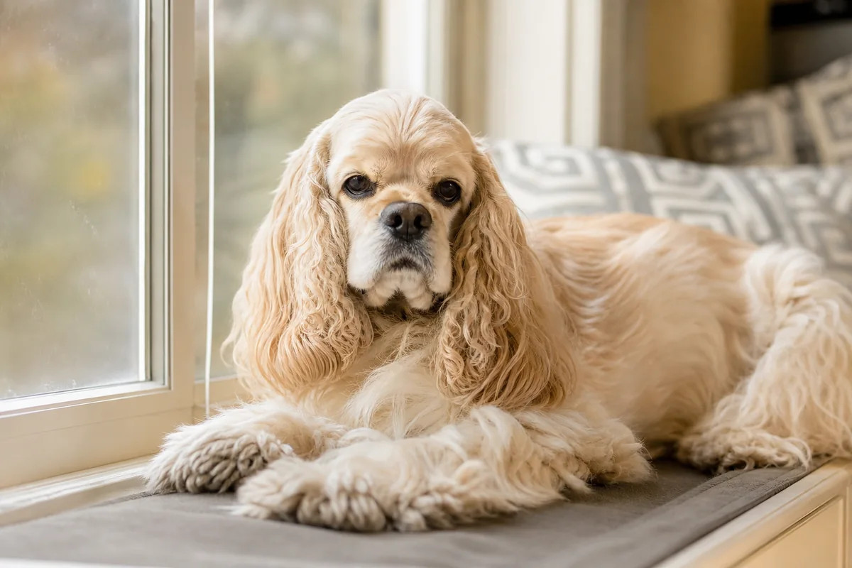 Cream American Cocker Spaniel resting beside a window in warm afternoon light