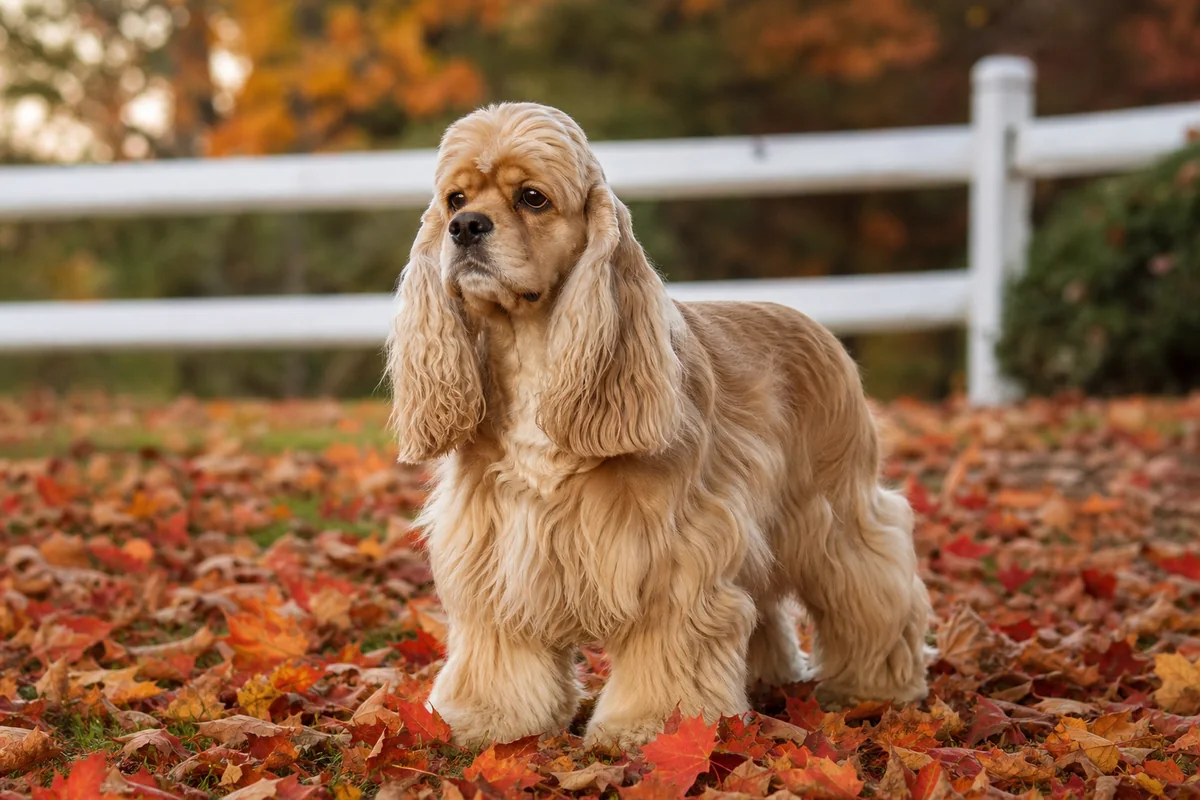 American Cocker Spaniel doré debout dans un paysage automnal de Nouvelle-Angleterre, feuillages roux et clôture blanche