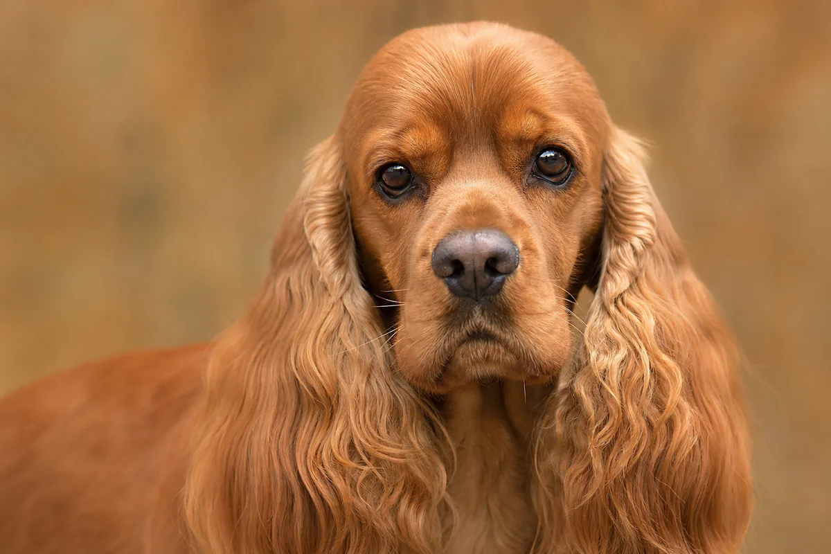 Portrait d'un American Cocker Spaniel adulte roux au poil soigné, évoquant le numéro Stud Issue