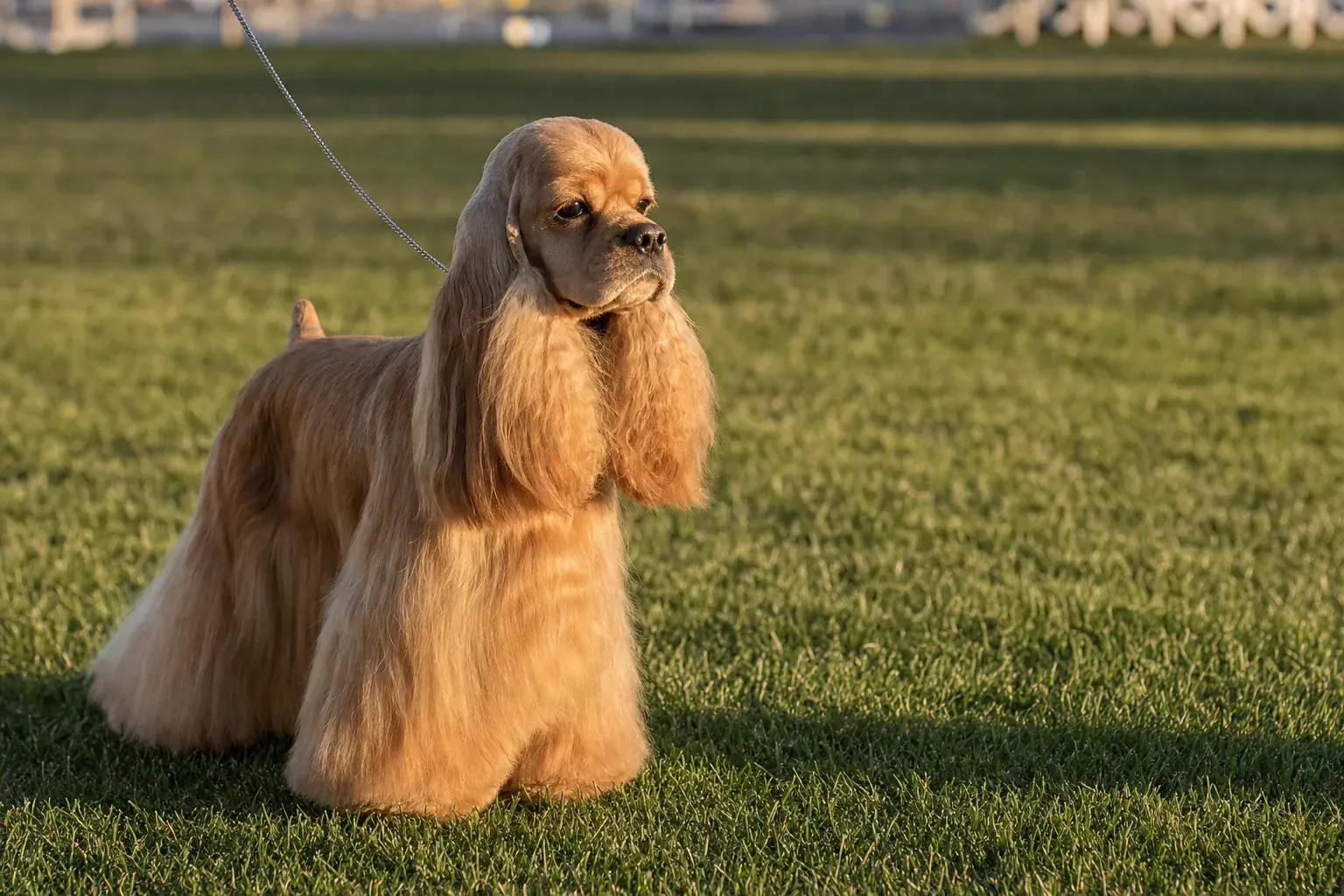 American Cocker Spaniel doré adulte en pose d'exposition sur une pelouse, lumière chaude de fin de journée