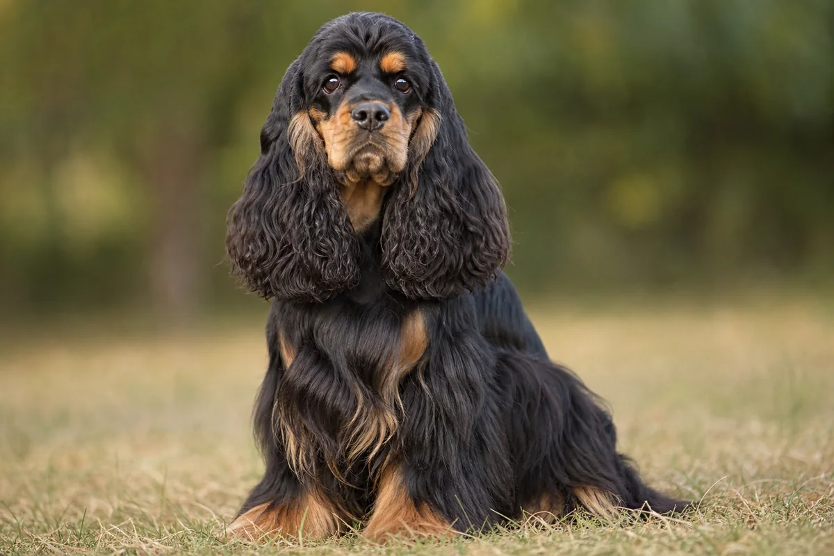 American Cocker Spaniel noir et feu, portrait rapproché, franges soyeuses abondantes, fond flouté lumineux