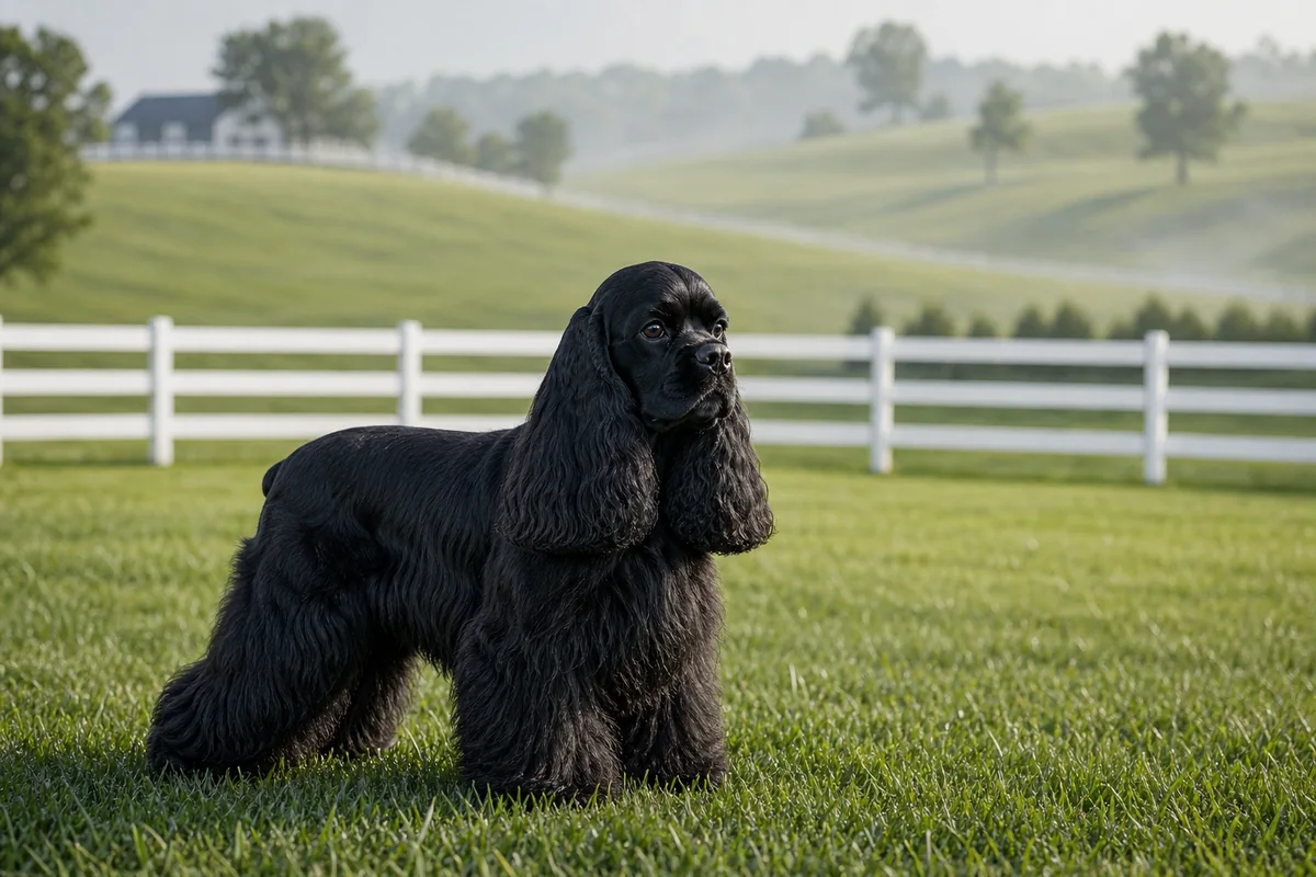American Cocker Spaniel noir dans un paysage de prairies du Kentucky, clôtures blanches en arrière-plan