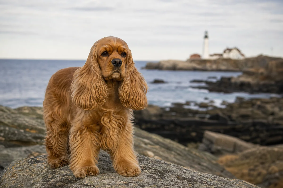American Cocker Spaniel roux sur la côte rocheuse du Maine, phare en arrière-plan