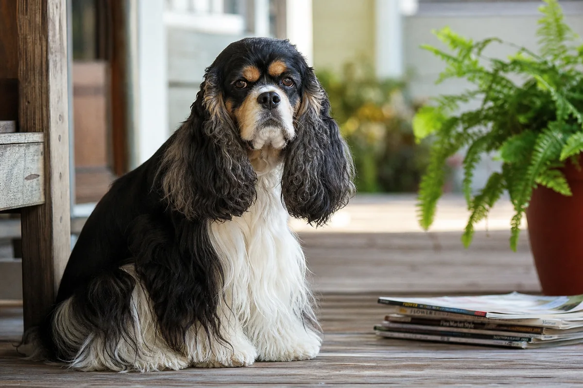 American Cocker Spaniel tricolore assis sur un porche à côté d'une pile de magazines, lumière matinale